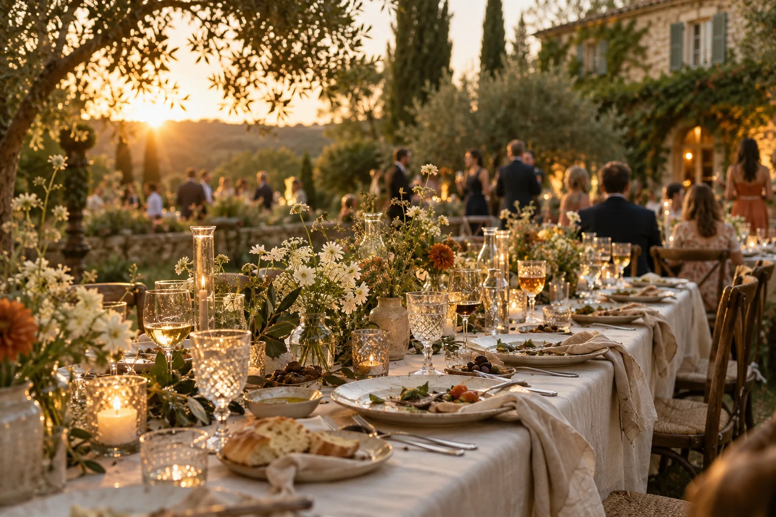 Guests at an intimate garden wedding dinner